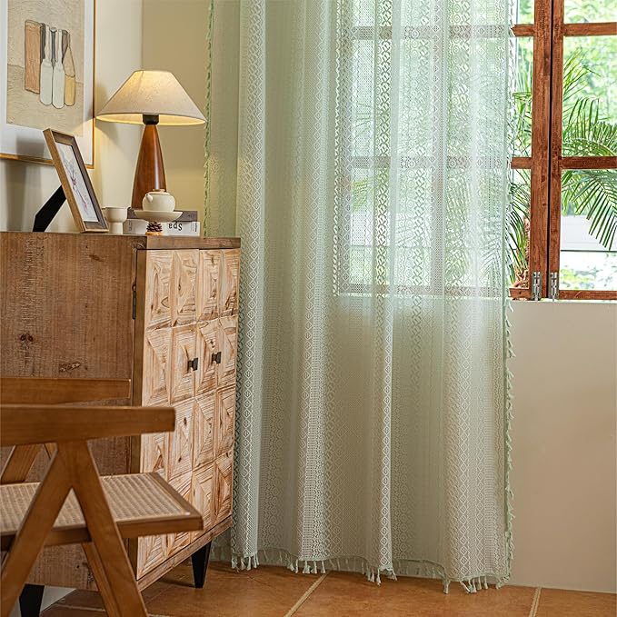 Sutuo Home Mint Green Boho Curtains for Bedroom Living Room, Crochet Lace Bohemian Hollow Knitted Handmade Tassels Window Treatment Vintage Rustic Rod Pocket Farmhouse Drapes, 1 Panel 59" W x 84" L