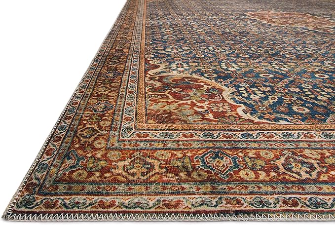 Loloi Layla Collection LAY-09 Cobalt Blue/Spice 2'-6" x 9'-6" .13" Thick Runner Rug, Soft, Durable, Vintage Inspired, Distressed, Low Pile, Non-Shedding, Easy Clean, Printed, Living Room Rug