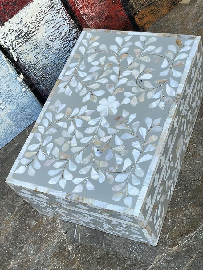 Decorative Wooden Storage Box with Mother of Pearl Inlay – Elegant Floral Design – Perfect for Home Décor in Living Room, Dining Area, or Bedroom (Grey, 12x8x5 inches)