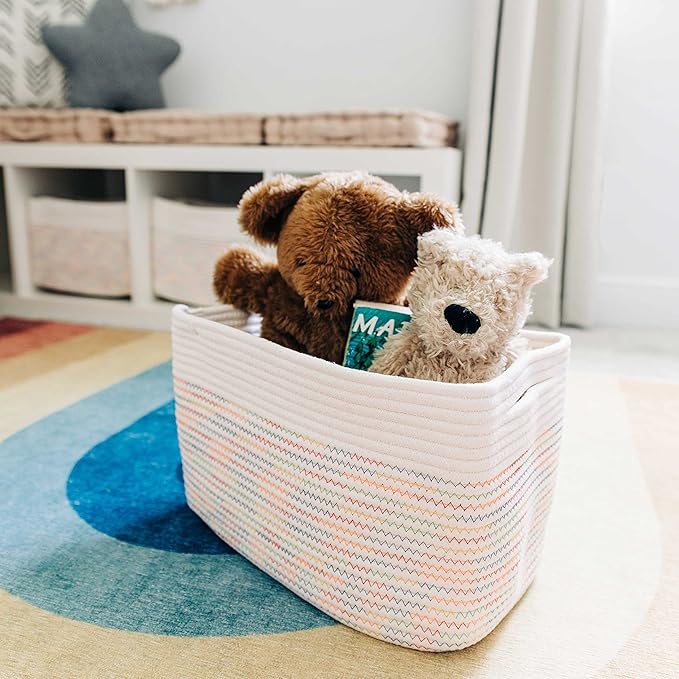 OrganiHaus Woven Storage Baskets for Organizing, Cotton Rope Organizer Bins for Shelves, Closet & Nursery, Dog Toy Basket, Decorative Bins for Toys, Towels & Books - 15x10x9, Rainbow Stitches