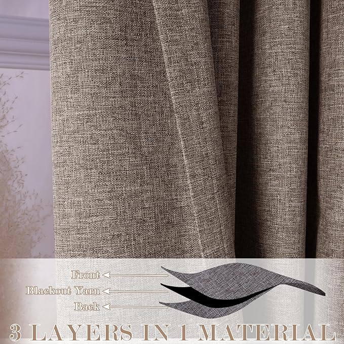 100" W x 96" L Faux Linen Room Divider Curtains, Full Blackout Pinch Pleated Drapes for Traverse Rod, Bedroom Divider Privacy Drapery with Hooks for Ceiling Track, 1 Panel, Light Brown