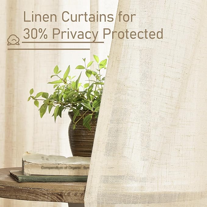 LAMIT Short Window Linen Curtains 36 Inch Length 2 Panels, Beige Light Filtering Panels Bronze Grommet Neutral Drapes for Bathroom/Loft Room, 34 x 36 Inch
