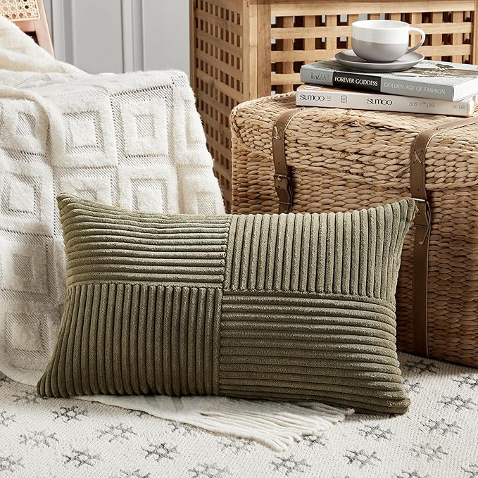 Fancy Homi 2 Packs Olive Green Lumbar Decorative Throw Pillow Covers 14x24 Inch for Couch Bed, Farmhouse Boho Home Decor, Soft Striped Corduroy Rectangle Accent Cushion Case 35x60 cm