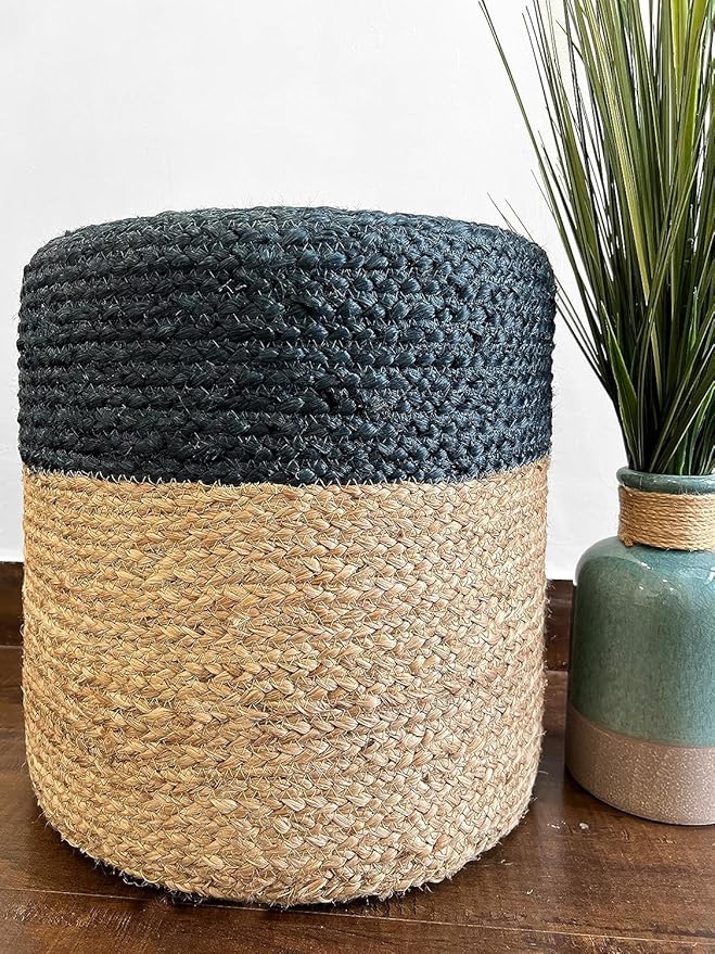 Jute Pouf Ottoman | Footrest Pouf | Hand Braided - Round Boho Pouffe - for Living Room, Bedroom, Nursery (16"x16"x16") Navy