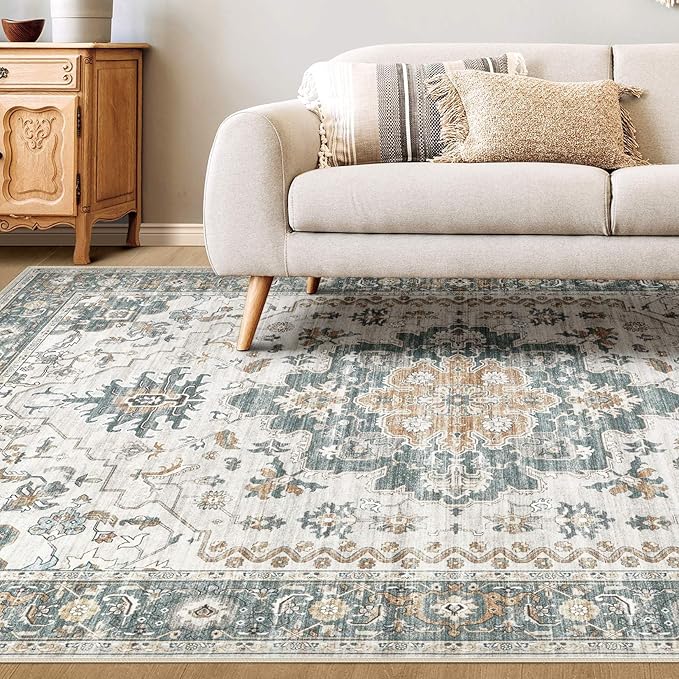Washable Area Rugs for Living Room - 5x7 Neutral Vintage Distressed Floral Farmhouse Boho Large Soft Floor Rug Indoor Non Slip Carpet for Living Room Bedroom Dining Room Office - Green/Grey