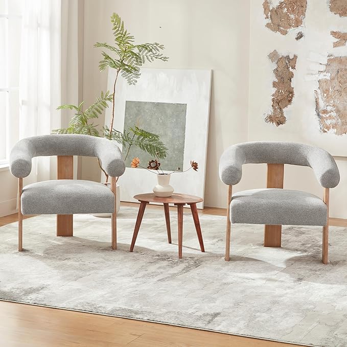 VKNOW Accent Chair Living Room Chair, Modern Upholstered Armchair with Solid Wood Legs, Comfy Barrel Arm Chairs for Living Room Bedroom, Light Grey