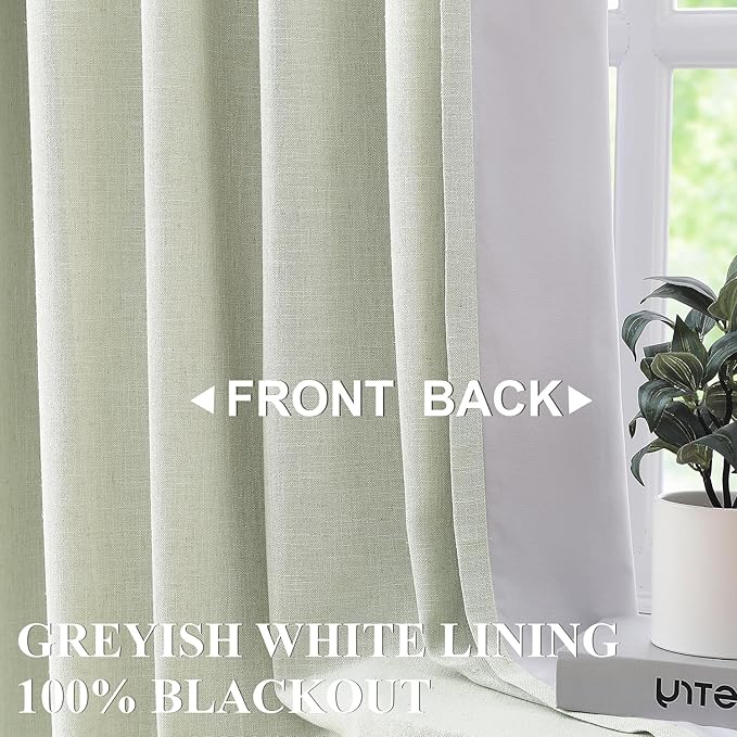 Vision Home Soft Green Pinch Pleated Full Blackout Curtains Linen Blended Room Darkening Window Curtains 102 inch for Living Room Bedroom Thermal Insulated Pinch Pleat Drapes with Hooks 60" Wx102 Lx1
