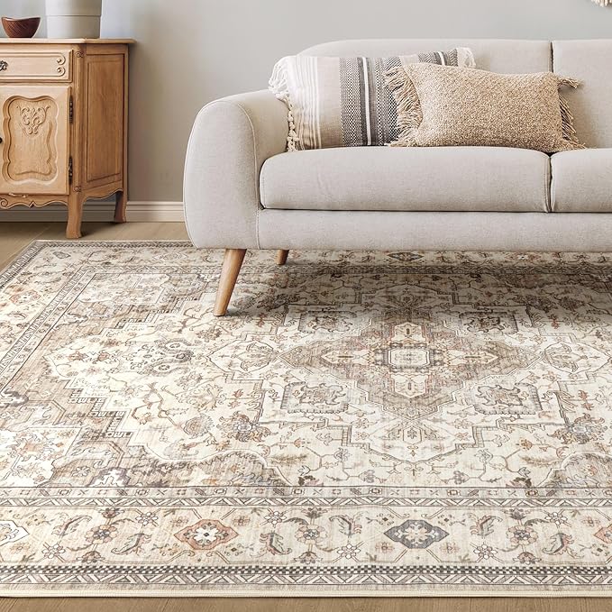 Washable Area Rugs for Living Room -10x12 Neutral Vintage Distressed Floral Farmhouse Boho Large Soft Floor Rug Indoor Non Slip Carpet for Living Room Bedroom Dining Room Office-Brown/Multi