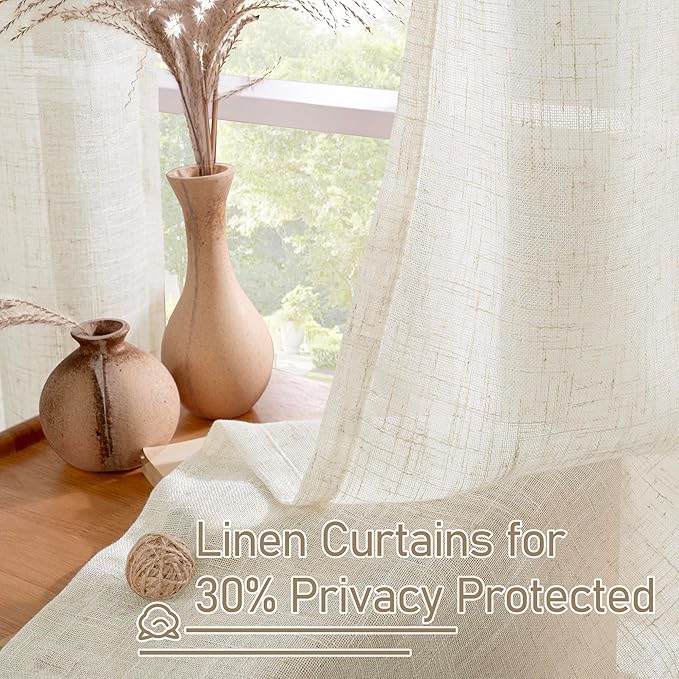 LAMIT Linen Sheer Curtains 72 Inches Long for Bedroom, Bronze Grommet Light Filtering Semi Sheer Linen Textured Burlap Boho Neutral Drapes for Living Room, Cream Ivory, 34 x 72 Inch, 2 Panels