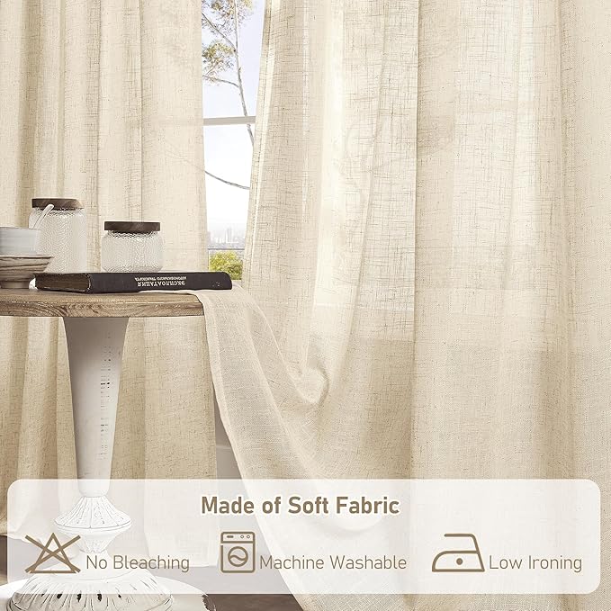 LAMIT 45 Inch Short Window Linen Curtains for Bedroom, Light Filtering Panels Bronze Grommet Neutral Drapes for Cafe/Bathroom/Loft Room, Linen, 2 Panels, 34 x 45 Inch
