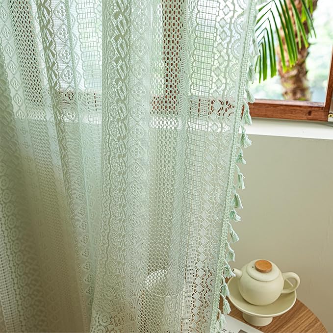 Sutuo Home Mint Green Boho Curtains for Bedroom Living Room, Crochet Lace Bohemian Hollow Knitted Handmade Tassels Window Treatment Vintage Rustic Rod Pocket Farmhouse Drapes, 1 Panel 59" W x 84" L