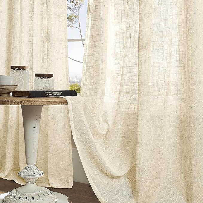 LAMIT Beige Linen Curtains for Living Room 2 Panels Set, 84 Inch Linen Textured Light Filtering Drapes Bronze Grommet Boho Panels for Farmhouse/Bedroom/Porch, 38 x 84 Inch
