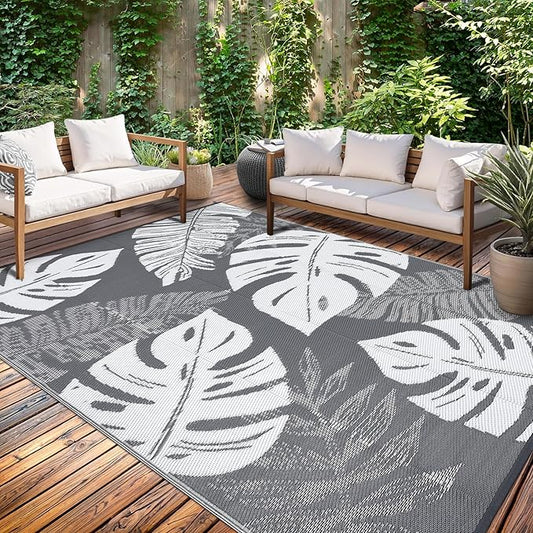 GAOMON Waterproof Outdoor Rug 8x10 Reversible Outdoor Plastic Straw Rug Modern Patio Carpet, Foldable Lightweight RV Camping Mat with Portable Bag & 4 Stakes, UV Resistant & Sturdy for Picnic, Grey
