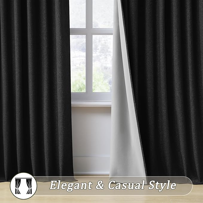RAIN CITY Full Blackout Curtains Short 63 Inches Long, Bedroom Curtains for Home Decor, Back Tab Pleated Look Curtains with Hooks-50 x 63 Inch, Black Color