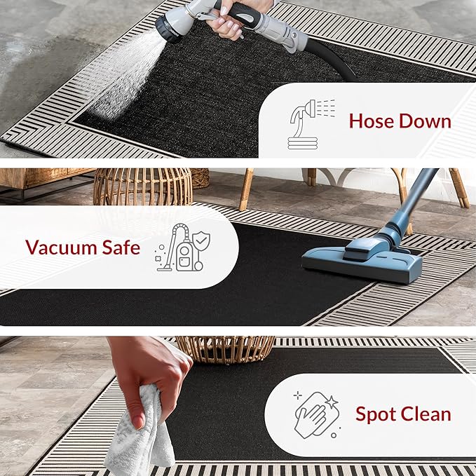 nuLOOM 9'6" x 12' Outdoor Area Rug, Casual Design With Striped Border, Stain Resistant, Highly Durable, For Patio, Balcony, Bedroom, Living Room, Dining Room, Bathroom, Black