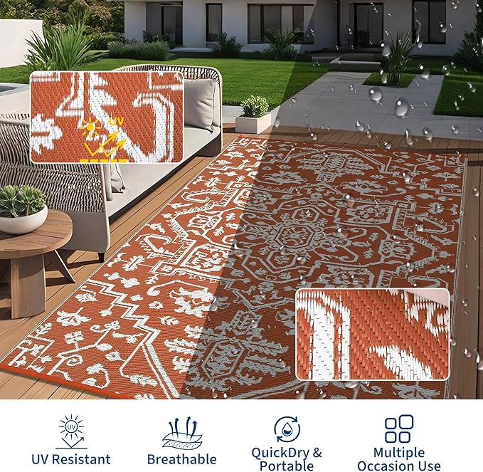 Outdoor Rug 8x10 Waterproof Reversible Plastic Straw Mat, UV-Resistant Vintage Medallion Camping Carpet for Patio, Deck, Balcony, Picnic, Large Outside Floor Mat, Vintage Terracotta Brick/White