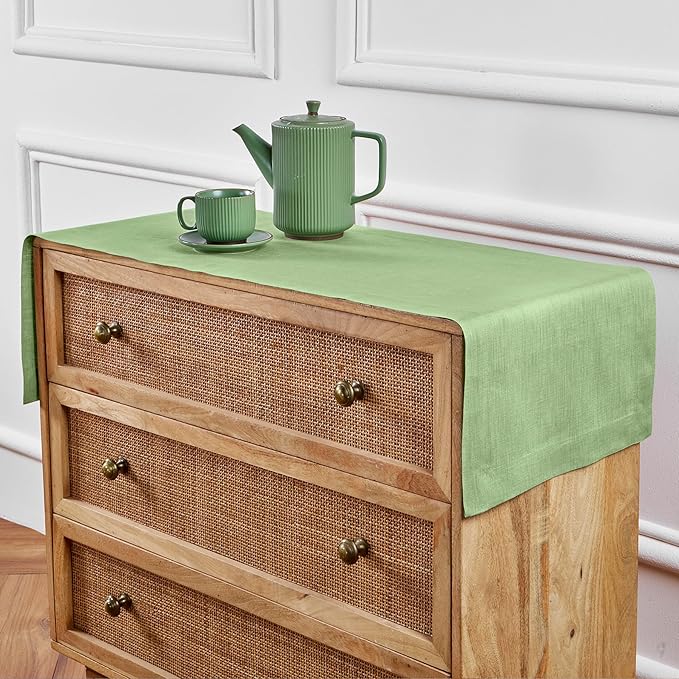 Solino Home Linen Table Runner 48 Inches - 100% Pure Linen Laurel Green Table Runner 14 x 48 Inch Ideal for Dresser and Coffee Tables - Fall, Autumn, Thanksgiving - Fete