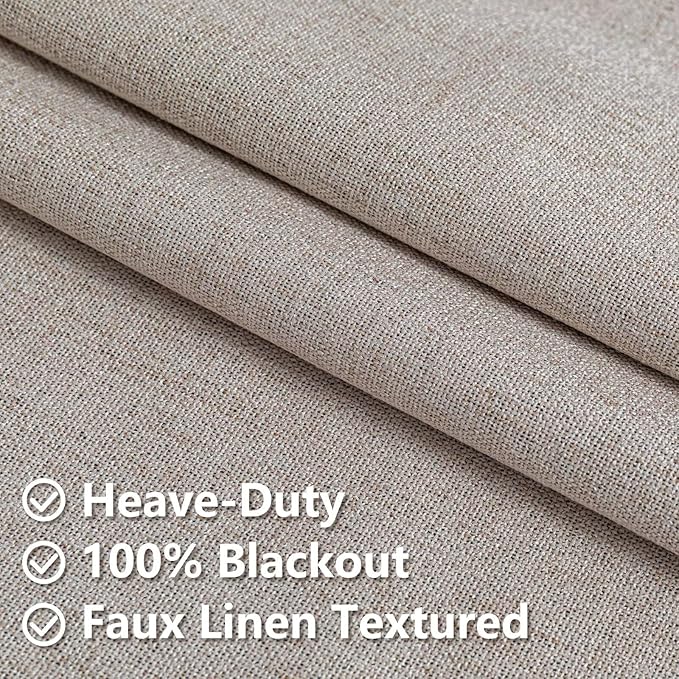 Blackout Curtains 96 Inches Long 2 Panels Set, 100% Black Out Textured Thermal Curtains, Grommet Privacy Light Blocking Drapes for Living Room Bedroom Luxury Decor(52W × 96L inch, Beige)