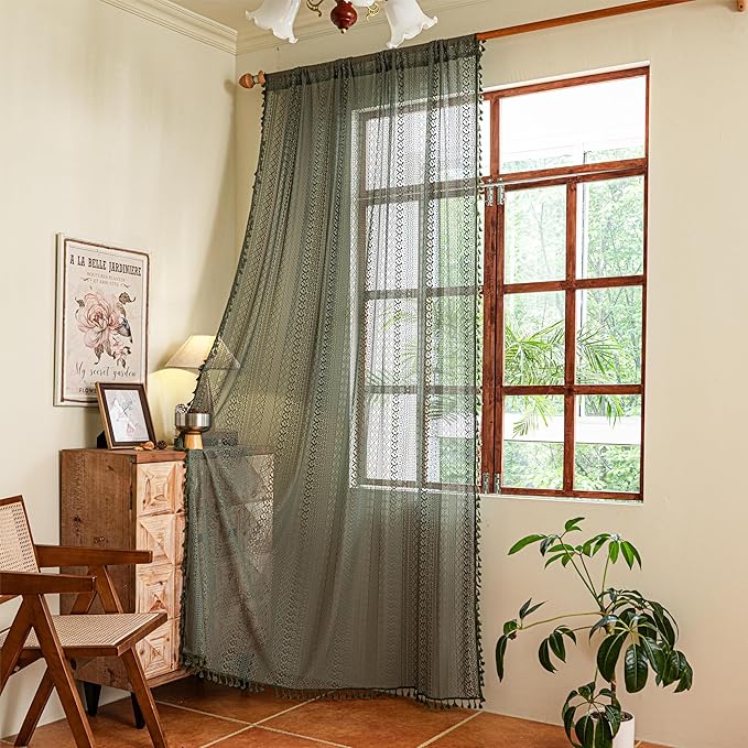Sutuo Home Olive Green Boho Curtains 90 inches, Crochet Lace Sheer Bohemian Hollow Knitted Handmade Tassels, Privacy Vintage Farmhouse for Bedroom Living Room Easter Decor, 1 Panel 59" W x 90" L