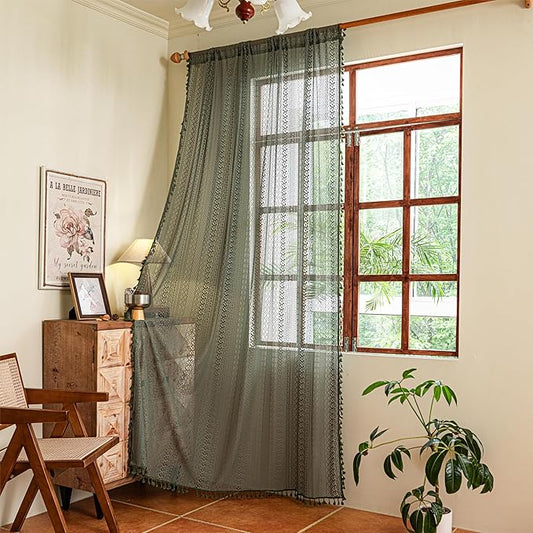 Sutuo Home Olive Green Boho Curtains 90 inches, Crochet Lace Sheer Bohemian Hollow Knitted Handmade Tassels, Privacy Vintage Farmhouse for Bedroom Living Room Easter Decor, 1 Panel 59" W x 90" L
