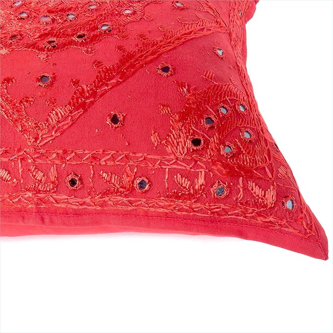 Eyes of India Embroidered Decorative Boho Throw Pillow Cover with Mirrors, Handmade Bohemian Accent Cushion Case for Sofa Couch Bedroom Living Room (Red, 24" x 24")