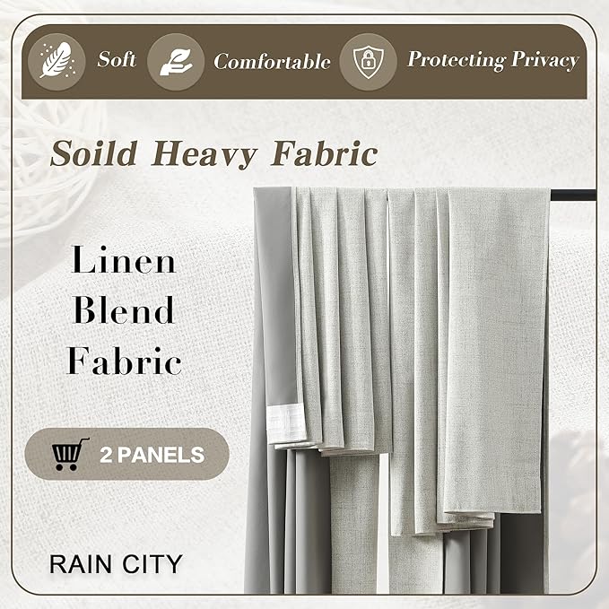 92 Inch Long Curtains 2 Panels,Back Tab Hook Belt with Hooks,Modern Neutral French Style Pleat Look Soundprof Linen Drop Cloth Traverse Blackout Curtains for Living Room 50W x 92L Natural Cream