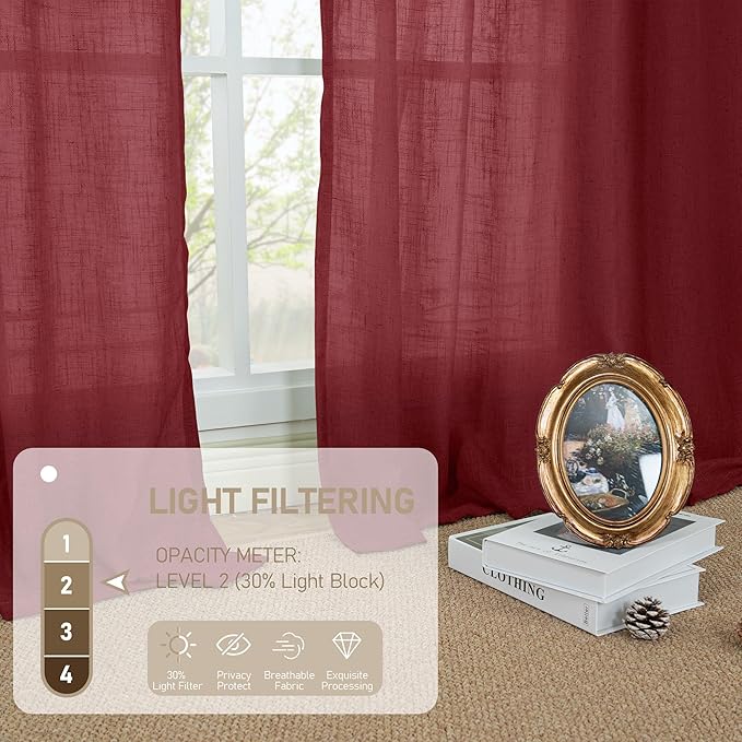 LAMIT Sheer Linen Curtains 63 Inch Length for Bedroom, Light Filtering Christmas Decor Panels Bronze Grommet Linen Textured Drapes for Living Room/Farmhouse, 2 Panels Set, 52 x 63 Inch, Burgundy Red