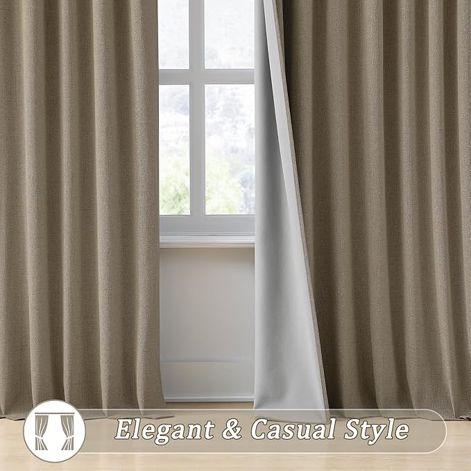 RAIN CITY Linen Brown Curtains 84 Inch Long 2 Panels Burg, Full Blackout Back Tab Pleated Look Drapes with Hooks, Thermal Insulated Boho Farmhouse Curtains for Living Room (50x84 in Lenght,Linen)