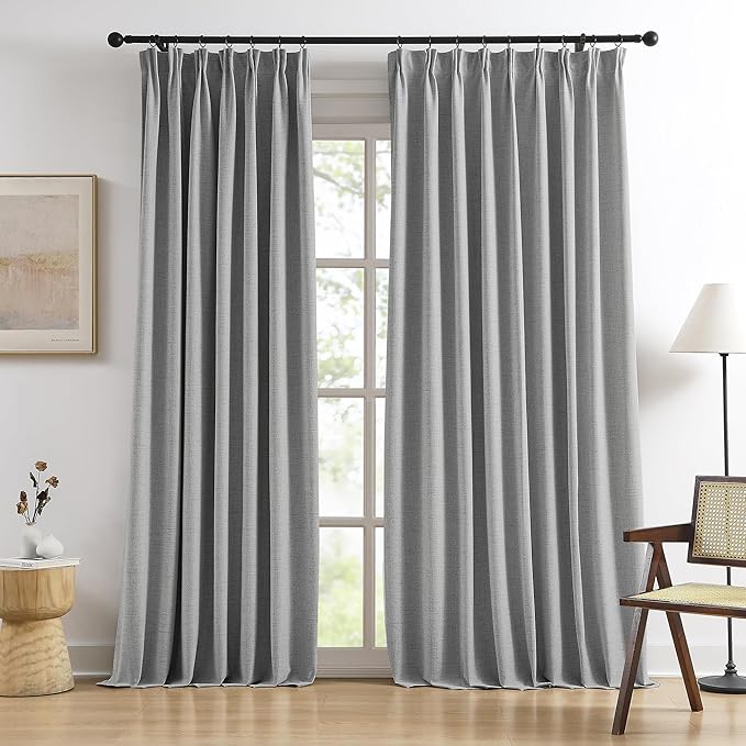 RAIN CITY 102 Inch Long Blackout Curtains 2 Panels Set,70 Inch Wide Back Tab Pleated Curtains with Hooks Track System,Energy Efficinet Linen Blend Drapes for Dining Room Hoom Office 70x102,Grey
