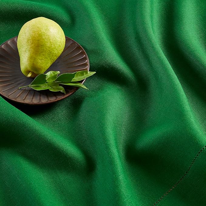 Solino Home Linen Garden Green Table Runner 132 Inches Long - 100% Pure Linen Extra Long Table Runner 14 x 132 Inch - Classic Hemstitch