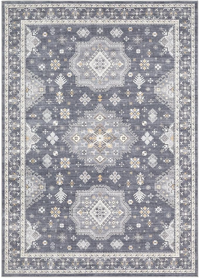 Washable Area Rugs for Living Room -8x10 Neutral Vintage Distressed Floral Farmhouse Boho Large Soft Floor Rug Indoor Non Slip Carpet for Living Room Bedroom Dining Room Office - Denim Blue/Grey