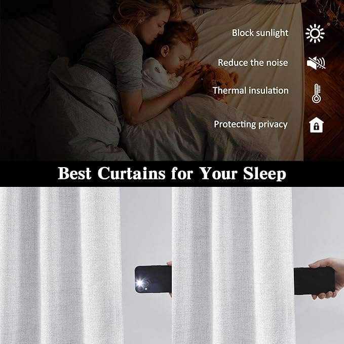 RAIN CITY White Blackout Curtains 102 Inches Long Modern Classic Back Tab Pleated Look Window Drapes for Bedroom Living Room 2 Panels 50x102