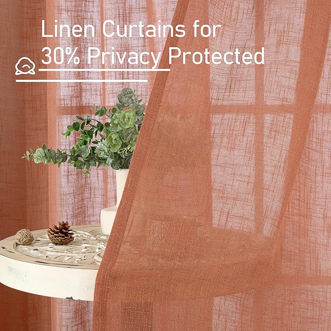 LAMIT Terracotta Linen Curtains 63 inch Length 2 Panels for Living Room, Bronze Grommet Soft Semi Sheer Light Filtering Window Treatments Neutral Fall Decor Drapes for Bedroom, 52 x 63 Inch
