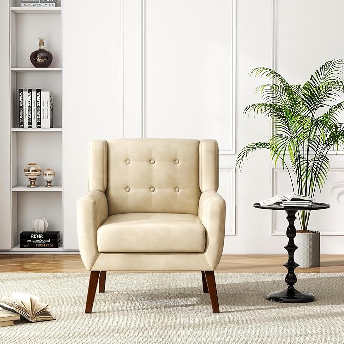 UIXE Faux Leather Accent Chairs Set of 4, Modern Arm Club Chair Upholstered Armchair for Living Room, Comfy Single Sofa Seats Button Tufted Reading Seating, Cream