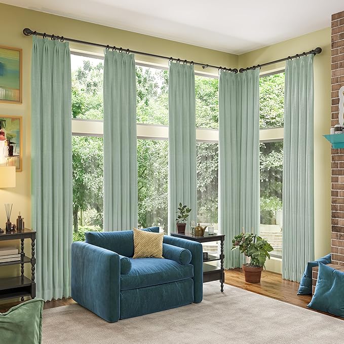RAIN CITY Light Green Linen Blackout Curtains 108 Inch Long for Living Room,2 Panels Pinch Pleated Drape with Hooks Back Tab Boho Decor, Textured Full Black Out Curtains for Bedroom 50 x 108