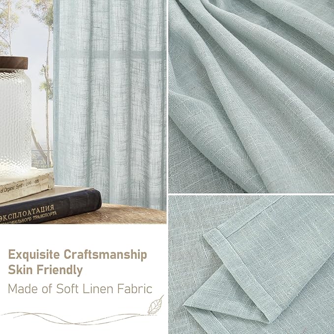 LAMIT Short Linen Curtains 36 Inch Length for Half Window, Semi Sheer Light Filtering Panels Bronze Grommet Drapes for Basement/Kitchen, Greyish Blue, 2 Panels, 34 x 36 Inch