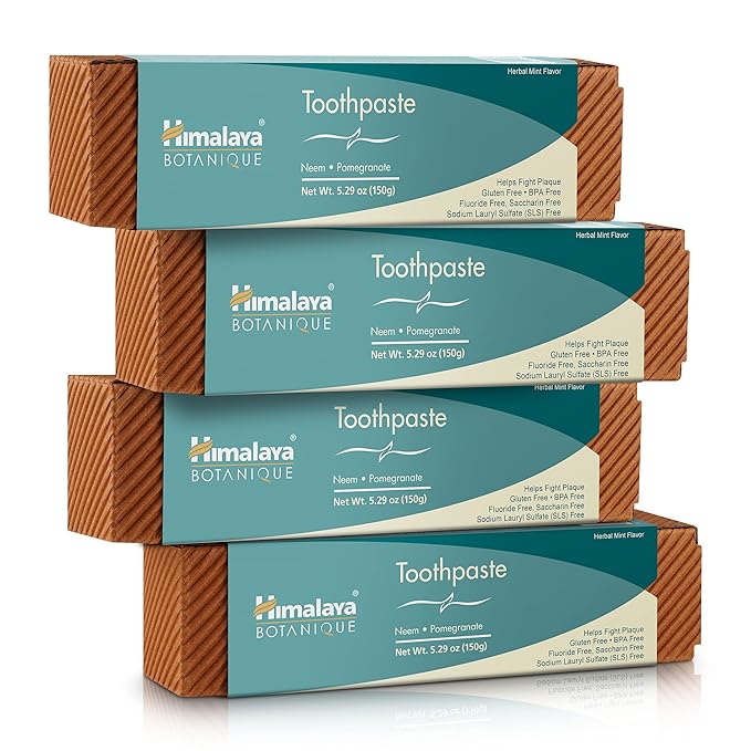 Himalaya Botanique Original Neem & Pomegranate Botanical Toothpaste, Fights Plaque, Brightens Teeth, Fluoride Free, No Artificial Flavors, SLS Free, Cruelty Free, Foaming, Mint Flavor, 5.29 Oz, 4 Pack