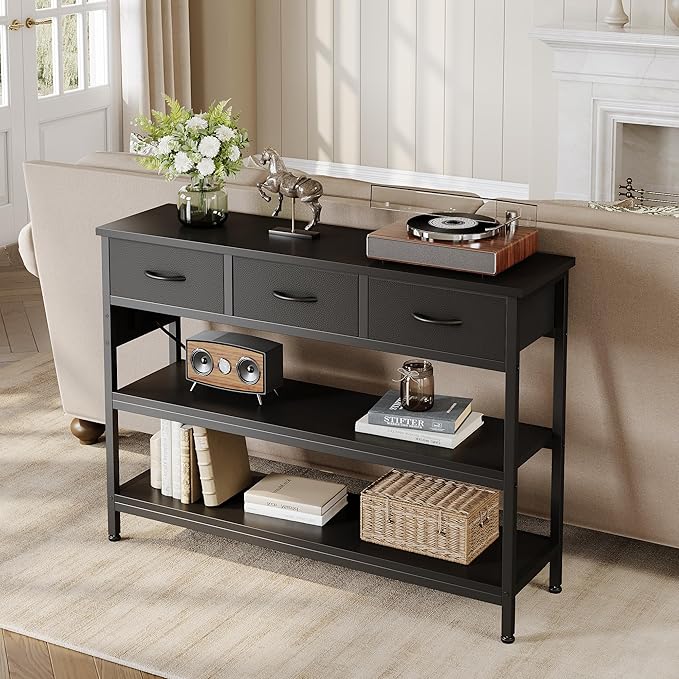 Lulive 2 Pack Entryway Table with Power Outlets, Console Table with 3 Fabric Drawers, Sofa Table for Living Room, Hallway, Couch, Foyer, Height Adjustable