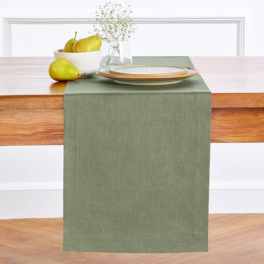 Solino Home Linen Oil Green Table Runner 120 Inches Long - 100% Pure Linen 14 x 120 Inch Table Runner for Fall, Autumn, Thanksgiving - Fete