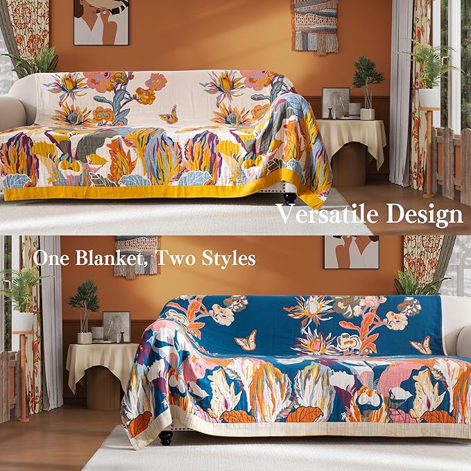 Boho Throw Blanket Throw Size, Soft Cozy Cotton Muslin Quilt Blanket for Bed Decor, Floral Patterned Couch Sofa Chair Cover, Vintage Farmhouse Cottage Tapestry Woven Blanket, Yellow&Blue