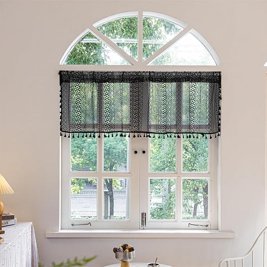 Sutuo Home Black Boho Valance Curtains Crochet Lace Sheer Bohemian Hollow Knitted with Tassels, Privacy Vintage Mid Century Farmhouse Tier for Kitchen, Rod Pocket 1 Panel,59" W x 36" L