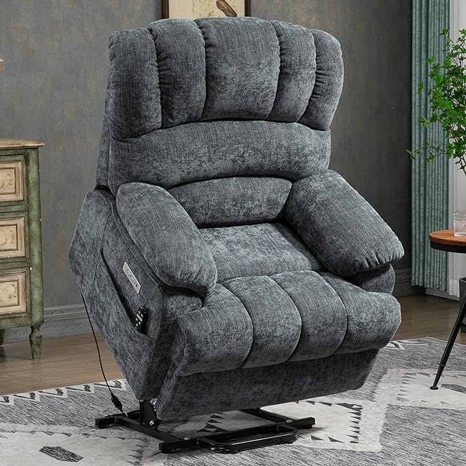 Power Lift Chair with Vibration Massage and Lumbar Heat for Elderly, Electric Recliner Chair Max 155° with Charging Ports, Blue Gray