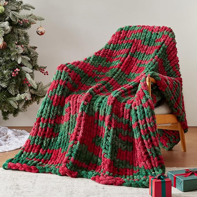 Chunky Knit Throw Blanket, 50''*60'' Knitted Throw Chenille Yarn for Bed Couch, Handmade Stripe Crochet Big Thick Blanket, Machine Washable Cute Comfy Blanket for Home Decor