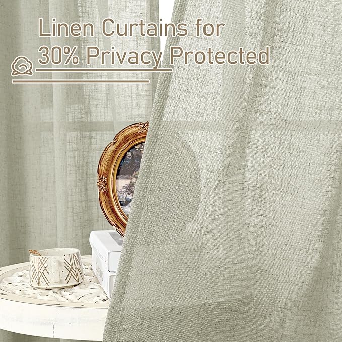 LAMIT Linen Curtains for Living Room 84 Inch Length, Bronze Grommet Light Filtering Semi Sheer Drapes Neutral Rustic Farmhouse Boho Panels for Bedroom, 2 Panels, Sage Grey, 52 x 84 Inch