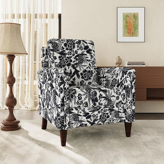 Floral Accent Chair, High Back Upholstered Armchair with Solid Wooden Legs, Padded Armrest and Removable Comfortable Cushioned Seat Single Sofa for Living Room, Bedroom, Black