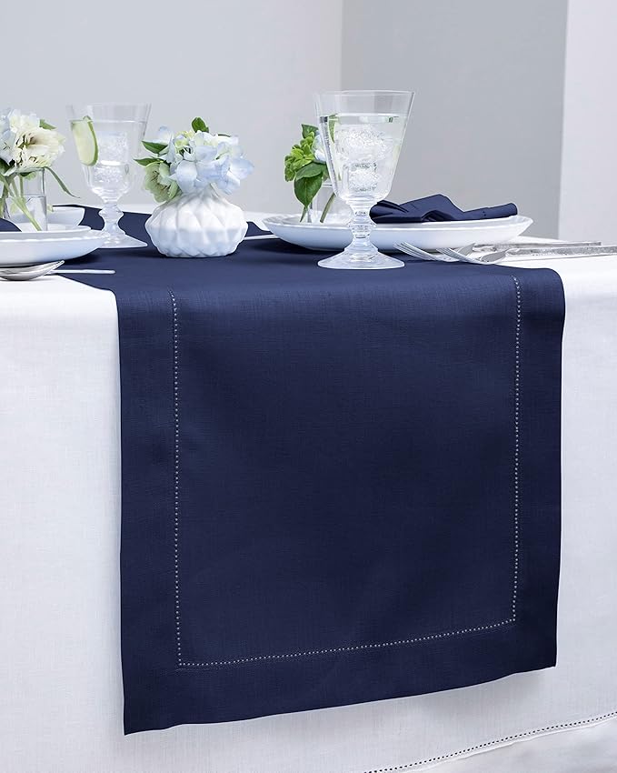 Solino Home Linen Navy Table Runner 72 Inches Long - 100% Pure Linen Hemstitch Table Runner 14 x 72 Inch for Dresser, Dining, Fall, Autumn, Halloween, Thanksgiving - Classic Hemstitch