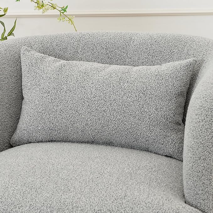 KINWELL 34" Wide Sherpa Swivel Barrel Chair, No Assembly Round Boucle Upholstered Accent Chair Armchair Single Sofa Chair with Toss Pillow for Living Room and Bedroom, Gray