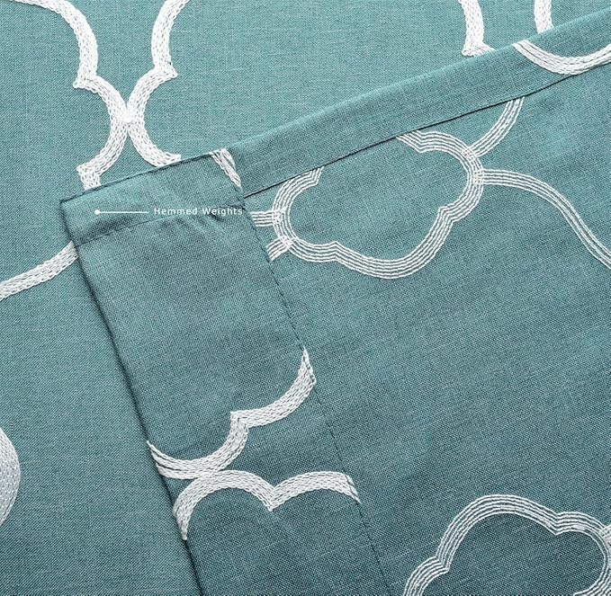 MIUCO Moroccan Embroidered Semi-Sheer Curtains Faux Linen Grommet Curtains for Living Room 52 x 84 Inch 2 Panels Set, Teal