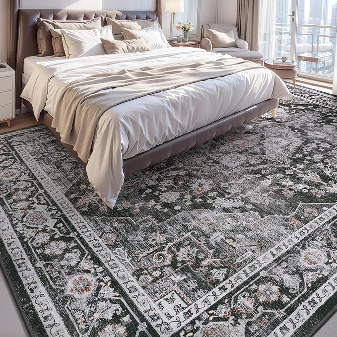 AMOAMI-Area Rug 5X7 Rugs for Living Room-Vintage Soft Black Rugs for Bedroom-Non Slip Carpet-Machine Washable Rug for Dining Room Living Room Bedroom Office Under Table Dark Grey & Black