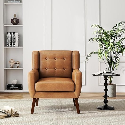 UIXE Faux Leather Accent Chair, Modern Arm Club Chair Upholstered Armchair for Living Room, Comfy Single Sofa Seats Button Tufted Reading Seating, Brown